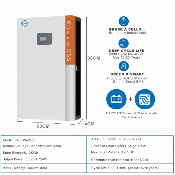 48V 100Ah 5Kwh LiFePO4 Lithium Battery All in one Inverter Included Powerwall -  KHLiTech ESS